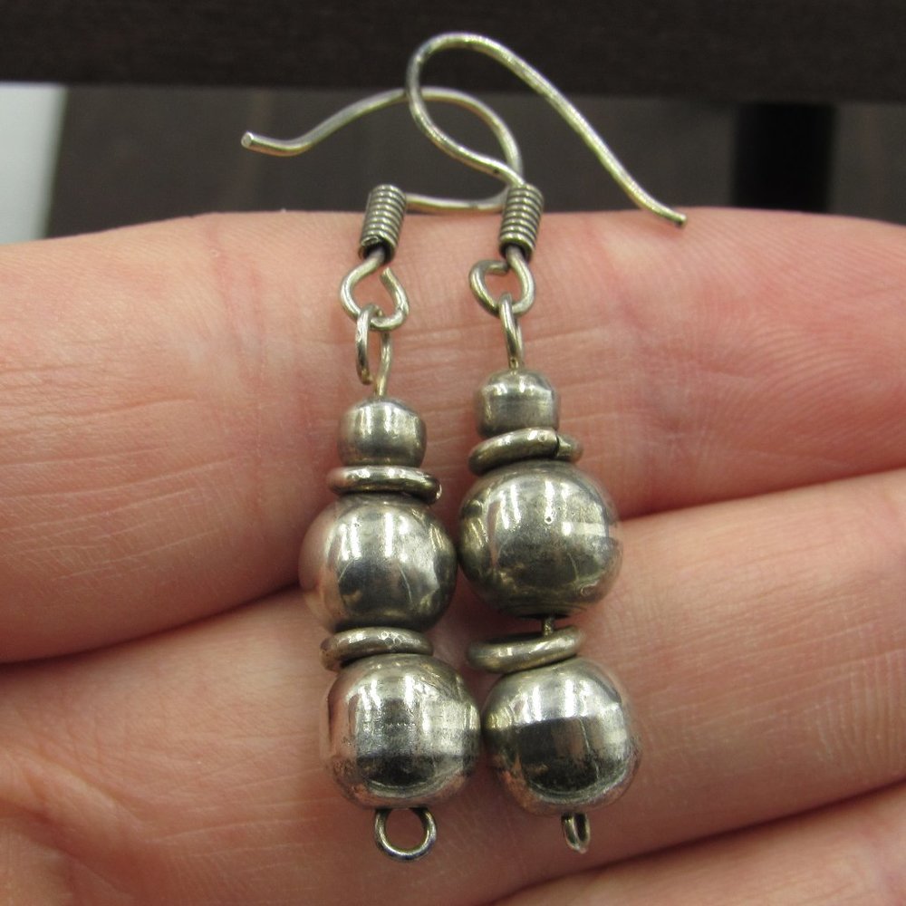Sterling Silver Rustic Long Ball Dangle Earrings - image 1
